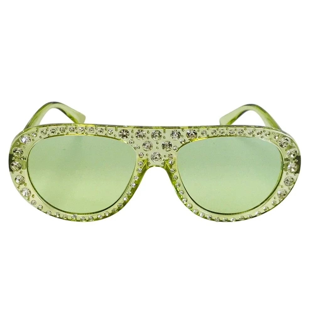 Bedazzled Rhinestone Transparent Frame Sunglasses- Green Fashion Women Shades‎